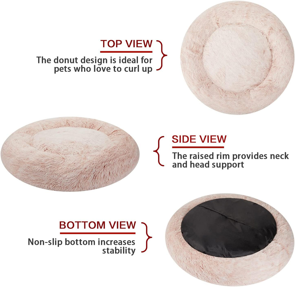Calming Fluffy Donut Dog Bed for Large Dogs, 36" Round - 23.0"L x 23.0"W x 7.0"Th / Pink - image 4