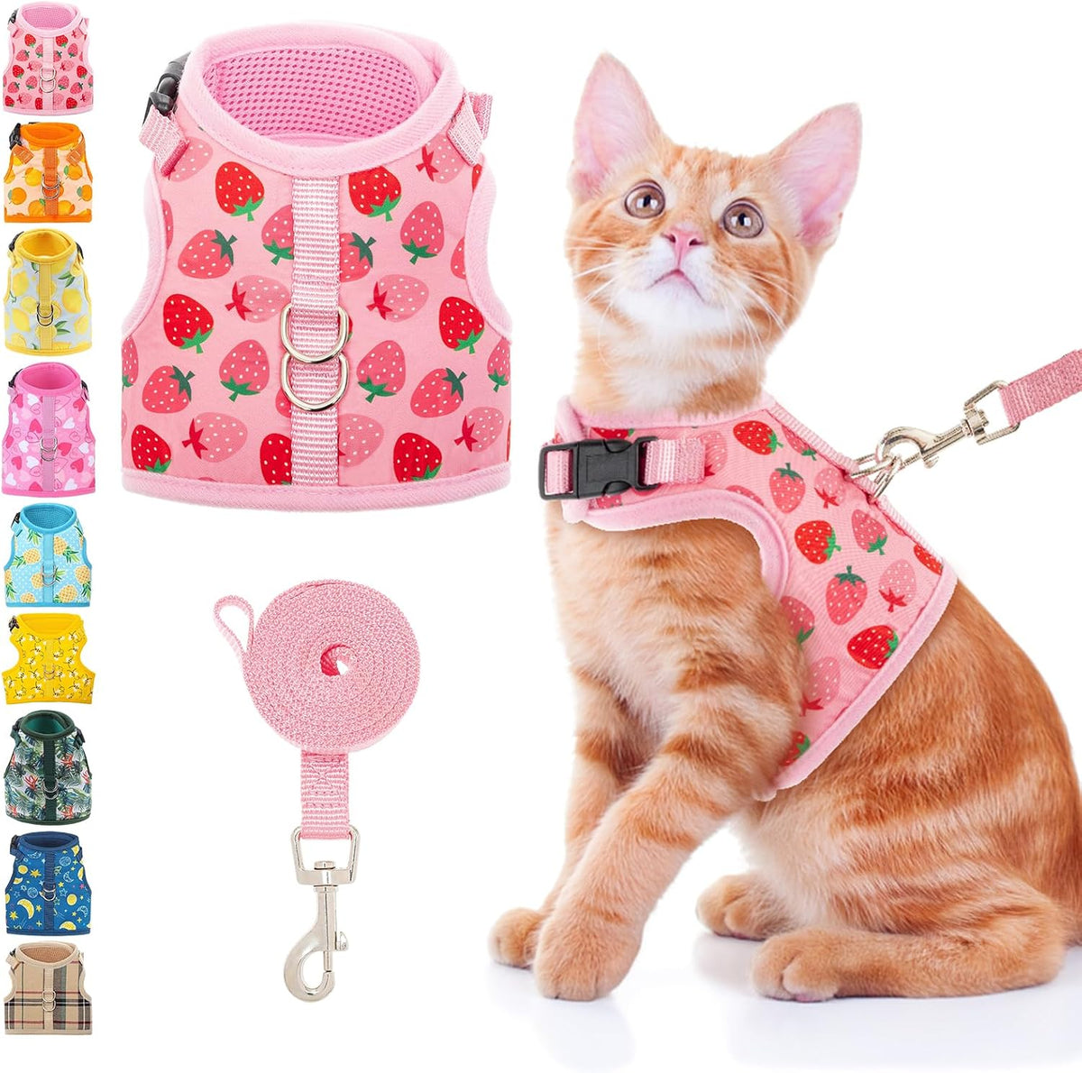 BINGPET Cat Harness and Leash Set, Escape Proof and Adjustable - Strawberry / Large
