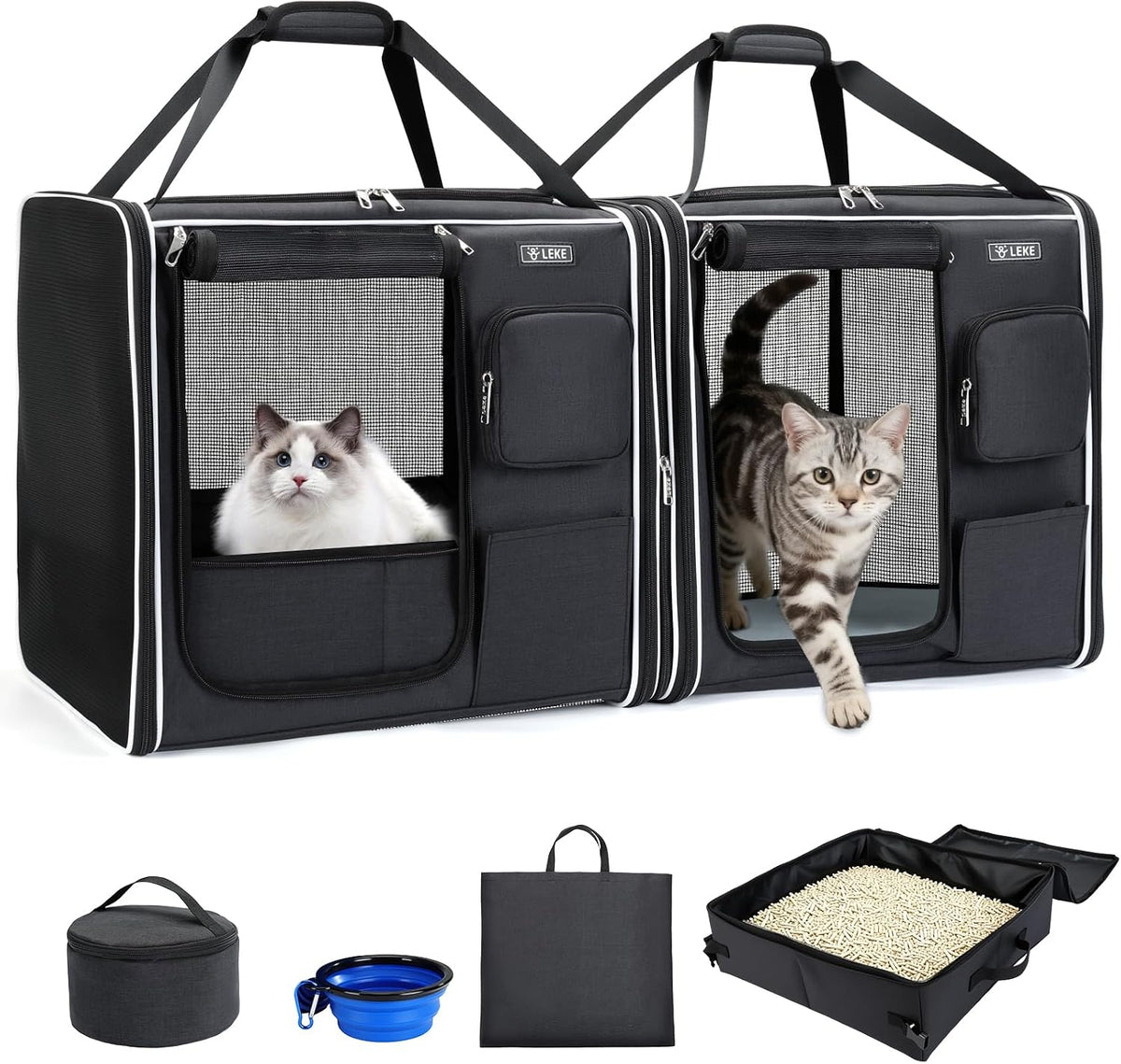 Lekereise Large Cat Carrier for 2 Cats - Foldable Black / M-2 Cats Travel