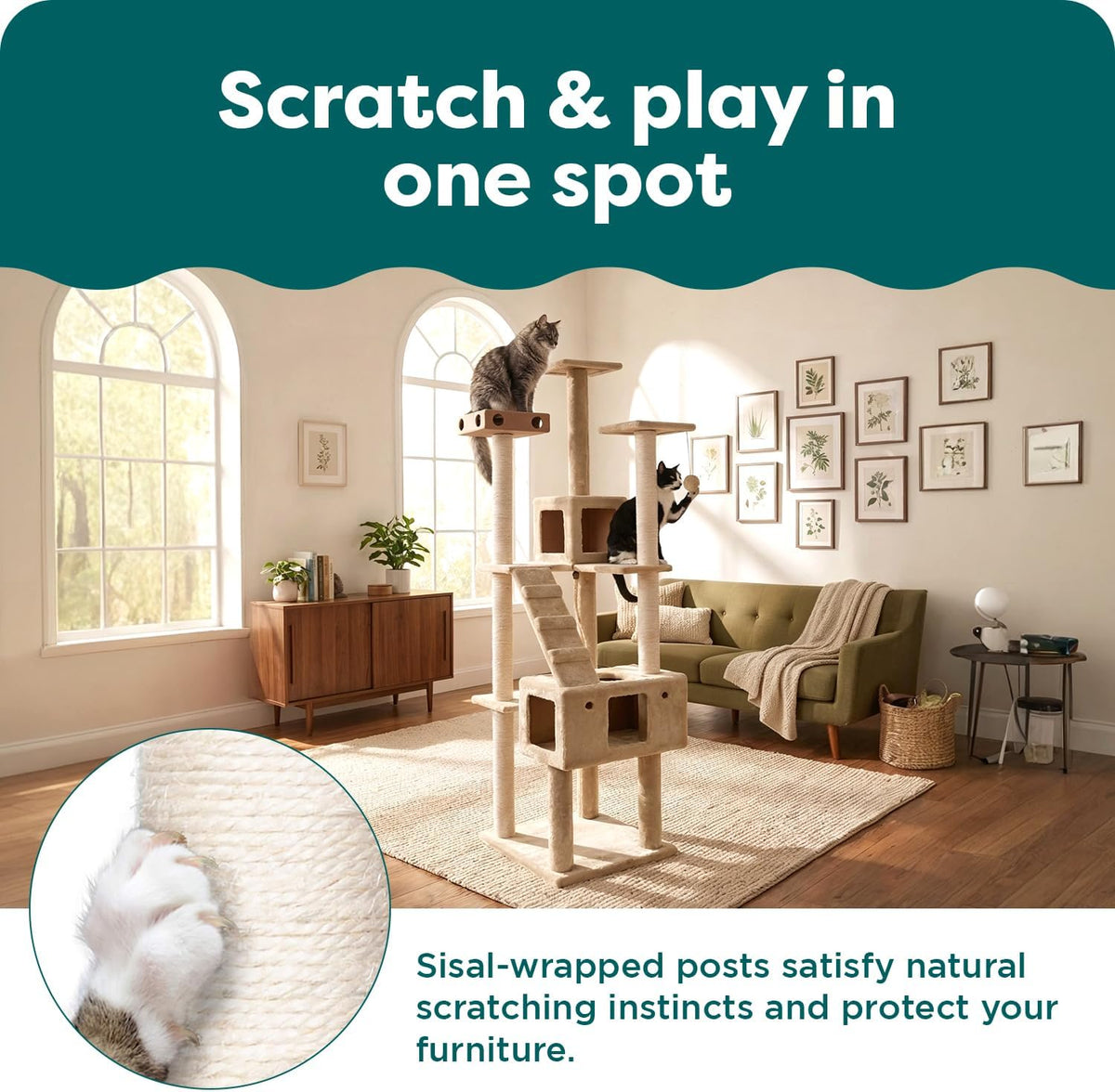 FurHaven 69.3" Tall Cat Scratching Post Tower for Indoor Cats - Cat Tower / Double Decker Playground (Cream) - image 4