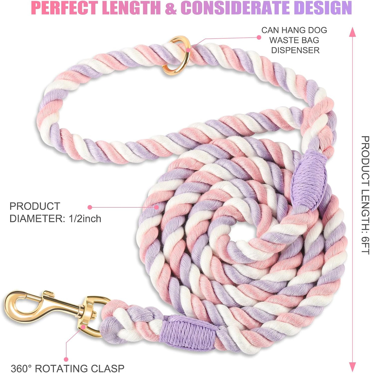 5 FT Handmade Rope Dog Leash for Small Medium and Large Dogs – Essentials for Dogs - 6FT x 1/2in (Pack of 1) / Unicorn Purple - image 2