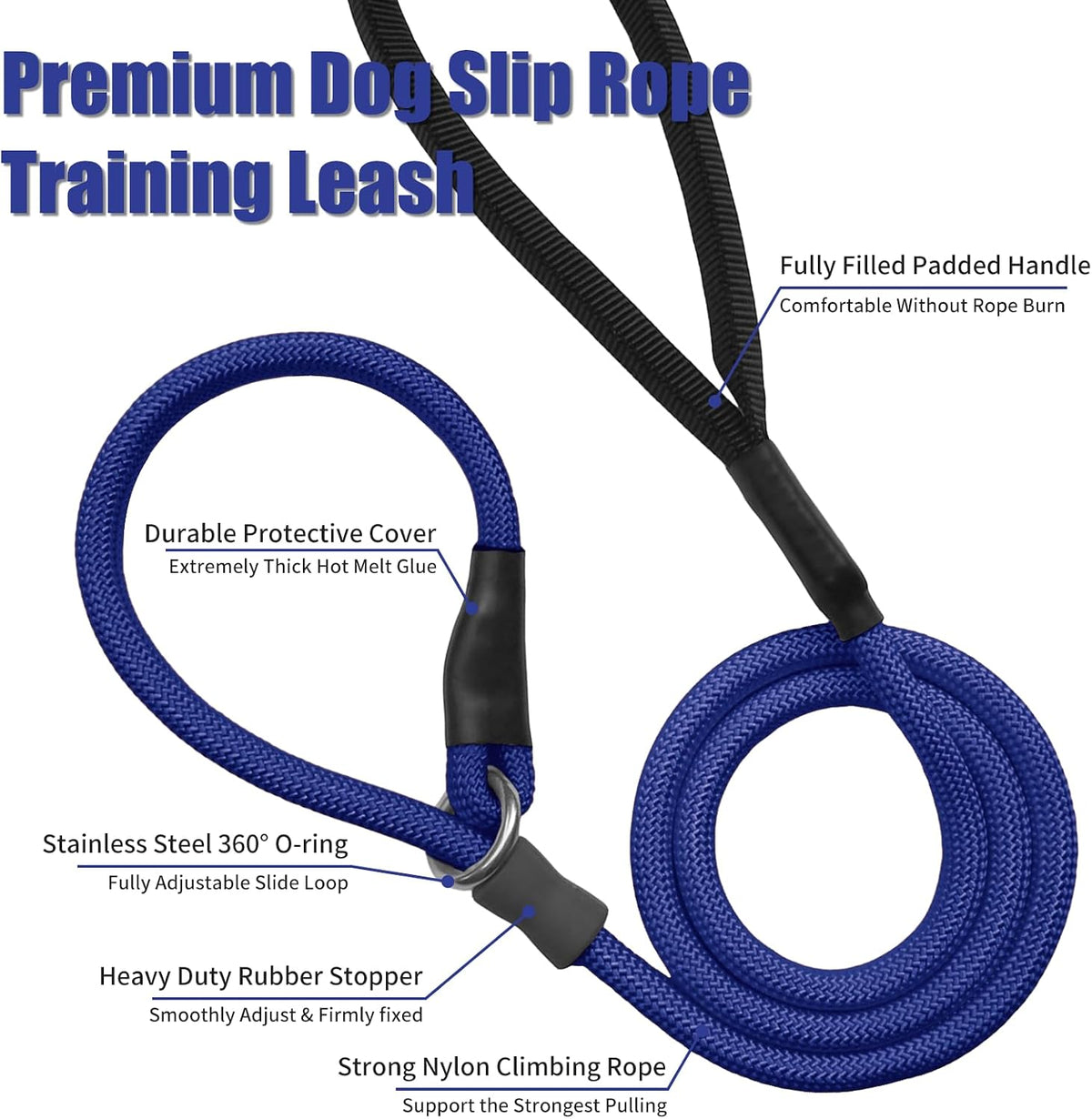Strong Slip Rope Dog Training Leash - 1/2" x 5ft / Dark Blue - image 3
