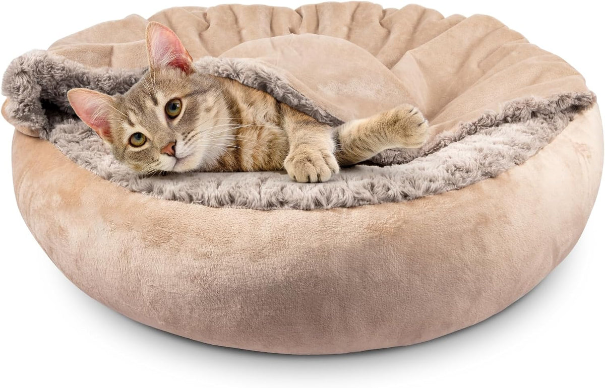 JOEJOY Small Dog Bed Cat Bed with Hooded Blanket - S(23" x 23" x 7") / Beige