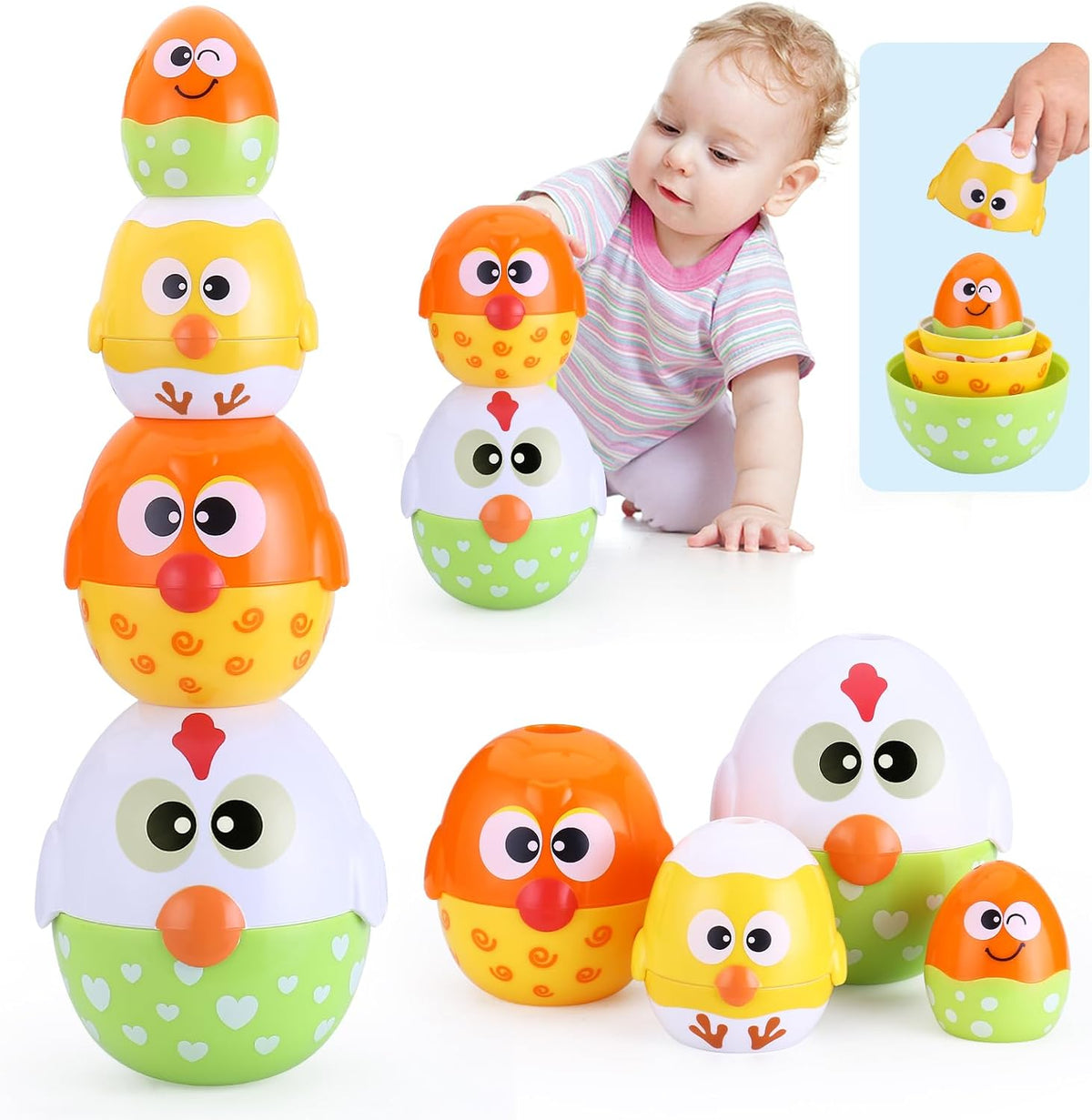 MOONTOY chicken nesting eggs stacking toy with rooster, hen, chick and small egg