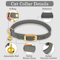OOPSDOGGY Rolled Leather Cat Collar with Bell - Reflective Kitten Collar with Safety Elastic Strap - Adjustable Small Pet Collars for Boy Girl Cats (Graphite)