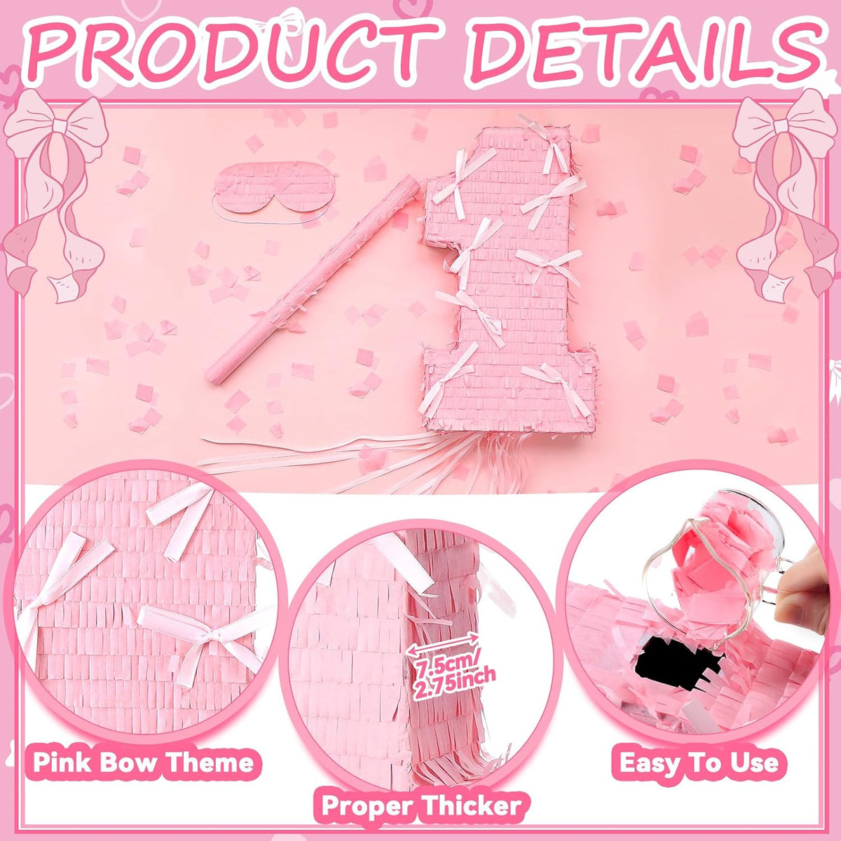 Feifeiya pink bow piñata with pink and white bat, eye masks and confetti - view 21