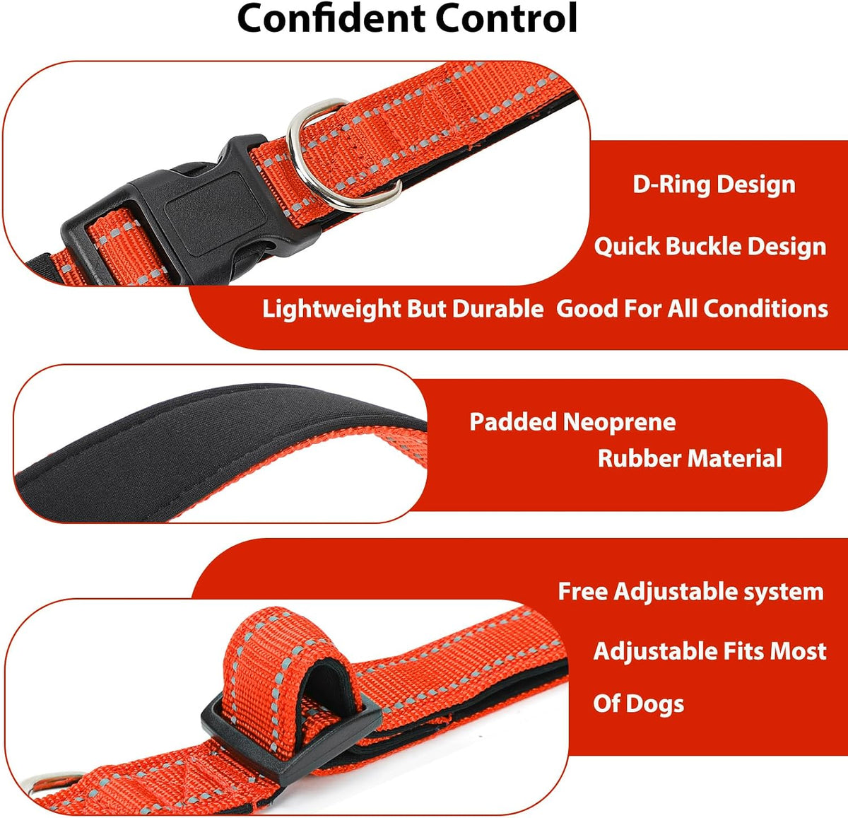 Reflective Dog Collar, Adjustable Nylon for Medium Dogs - Tangerine / L:width 1"neck 17.5-27" - image 4