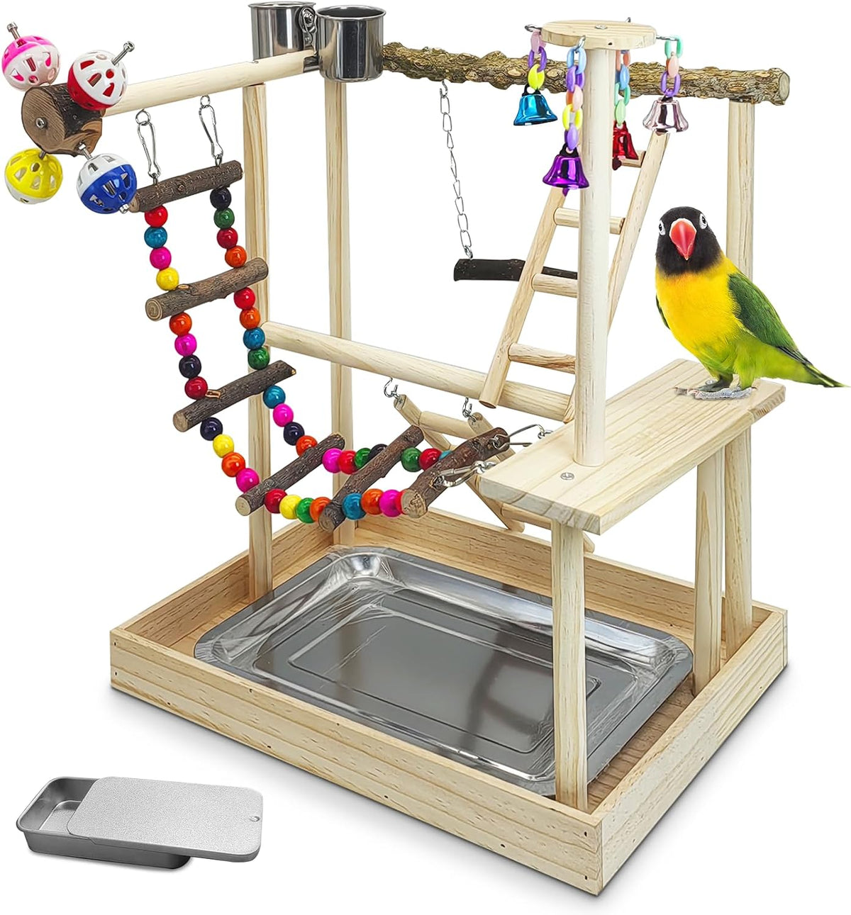 PINVNBY Bird Playground Parrot Playstand Birds Play Stand Wood - Two Floors With Bell Platform