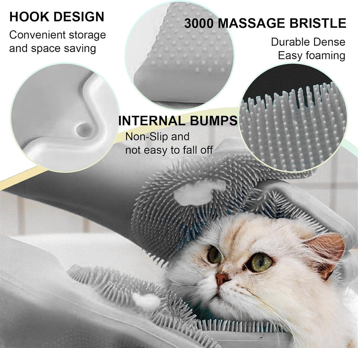 Pet Grooming Gloves, 5-Finger Silicone Dog Bath Scrubber with High-Density Teeth, Reusable Washing - Grey - image 3