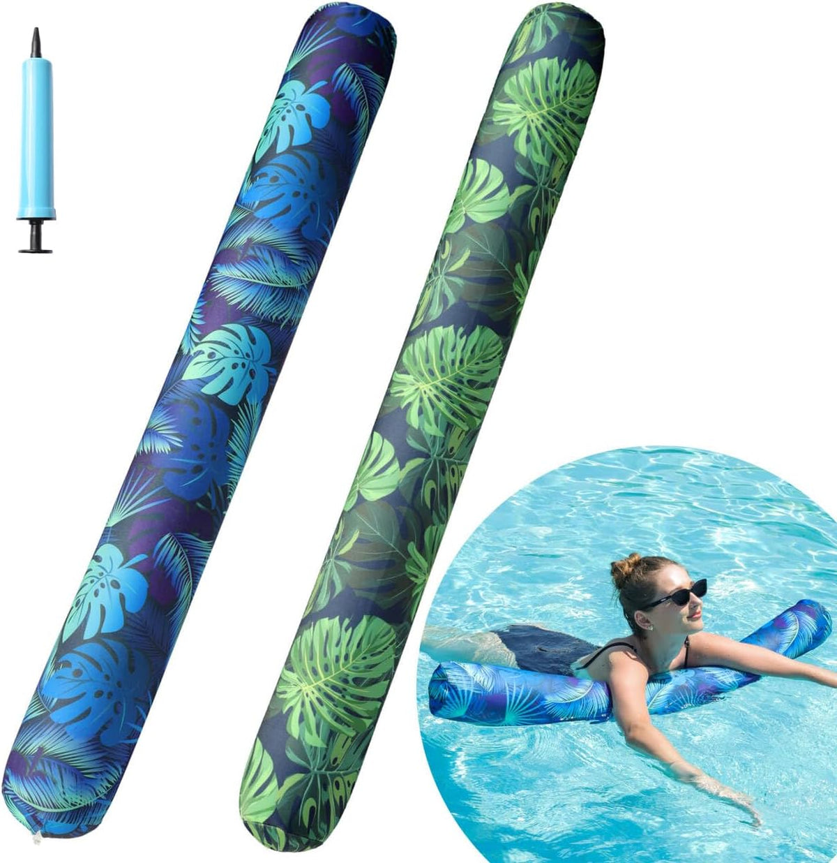 FindUWill 2-pack inflatable fabric-covered pool noodles in blue and green flower print - view 2