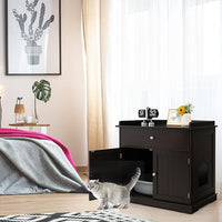 PETSITE Cat Litter Box Enclosure, Large Cat Washroom End Table with Drawer & 2 Doors, Wooden Cat House Storage Cabinet, Hidden Litter Box Furniture, Brown