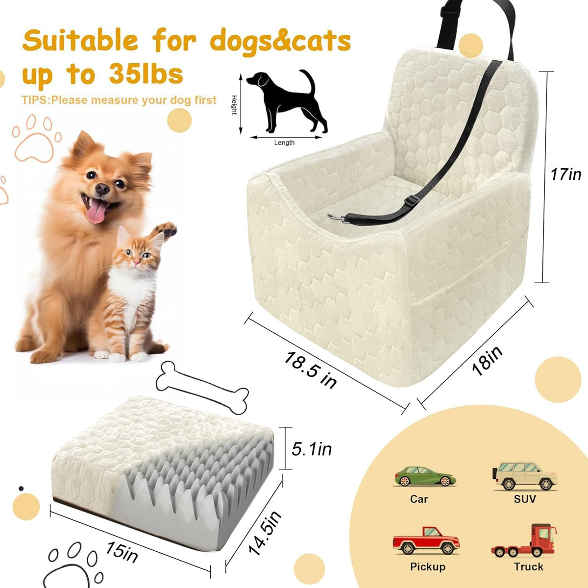 Dog Car Seat for Small/Medium Dogs, Memory Foam Dog Booster Seat - White / Medium - image 2