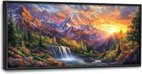 Large Mountain Tree Wall Art for Living Room, Framed Oversized Sunset Waterfall Wall Decor Nature Landscape Canvas Painting Modern Artwork for Living Room Bathroom Bedroom Office Dining Room 60"x30"