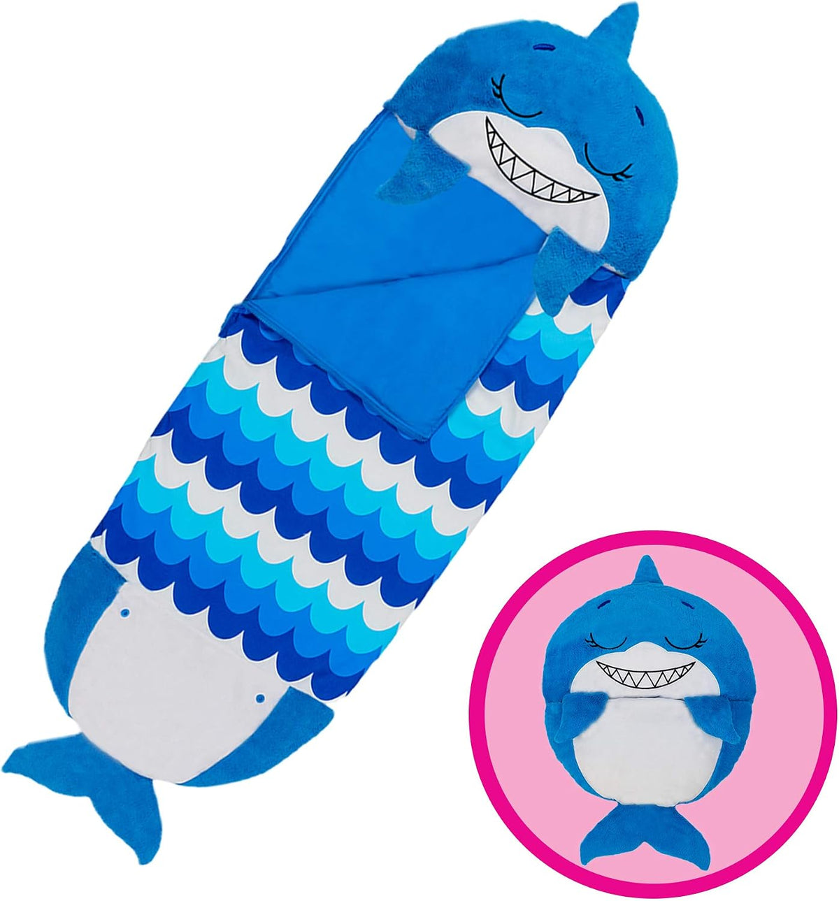 Happy Nappers 2-in-1 Pillow & Sleepy Sack Blue Shark 66x30 Large – Fun for Kids & Family