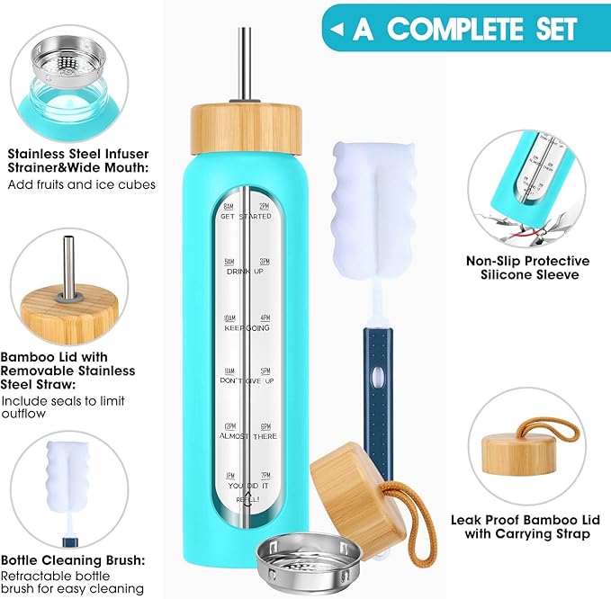 32 oz Glass Water Bottle with Straw - Motivational Time Marker & Silicone Sleeve - Reusable Tumbler Includes 2 Bamboo Lids & Fruit Infuser - 1 Pack