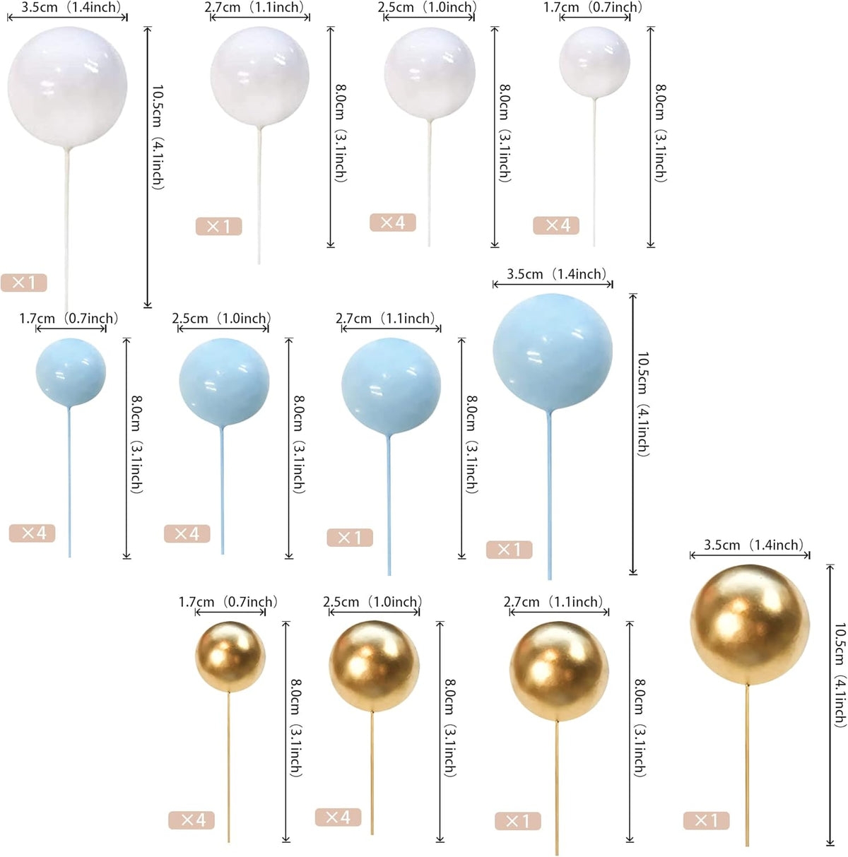 ZHUOWEISM ball cake toppers, 24 mini balloon picks in blue, gold and white - view 32