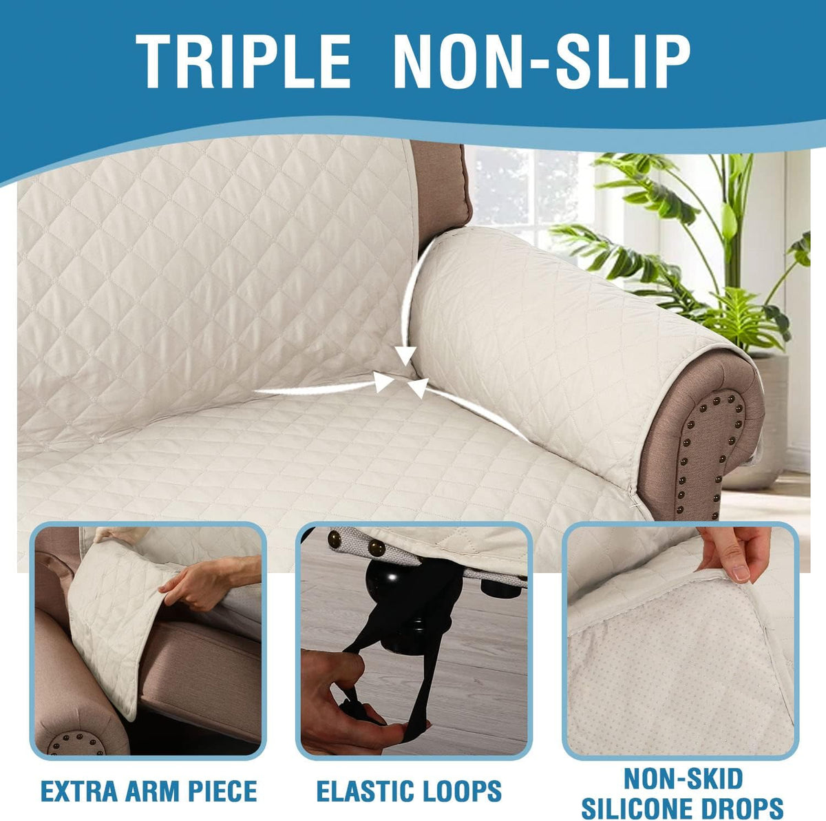 H.VERSAILTEX Sofa Cover Couch Cover for Dogs with Elastic Straps 100% - Coconut Milk / Slipcover-Chair - image 4