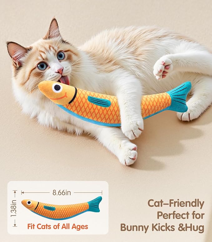 Interactive Cat Toys with[5000mg Premium A+Catnip][Baby Grade] Soft Chew Kicker Cat Toys for Indoor Cats & Kittens, Crinkle &Rattle Fish Sound Toy, Drives Bored Cats Crazy with Fun,3 Pack