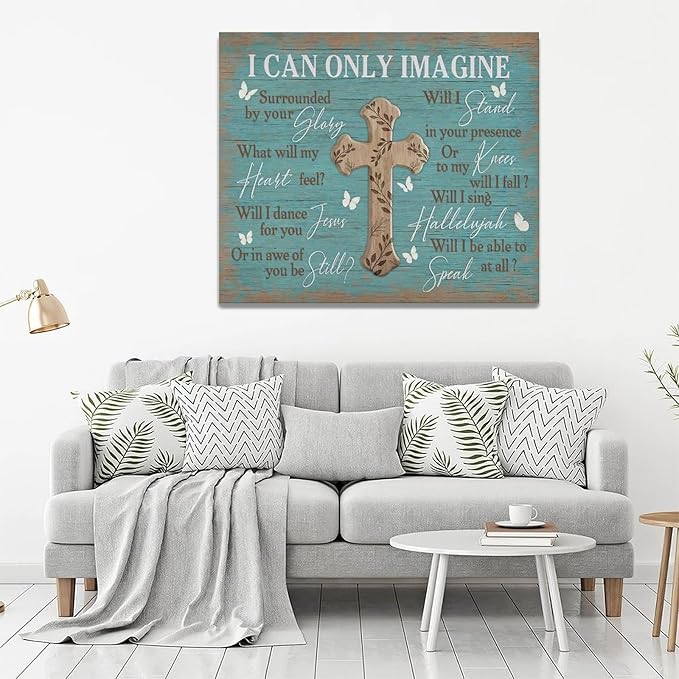 Rustic Christian Cross Wall Art I Can Only Imagine Pictures Farmhouse Butterfly Wall Decor Teal Motivational Canvas Print Painting Artwork for Bathroom Living Room Bedroom 20"x24"