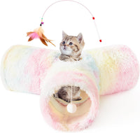 Tempcore Cat Tunnel, 3-Way Collapsible Toy for Indoor Cats - Plush Rainbow / Small