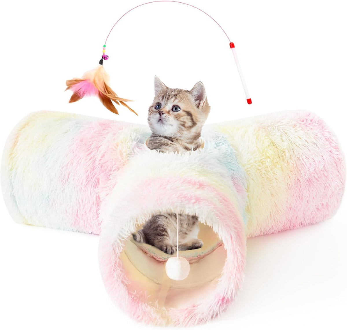 Tempcore Cat Tunnel, 3-Way Collapsible Toy for Indoor Cats - Plush Rainbow / Small