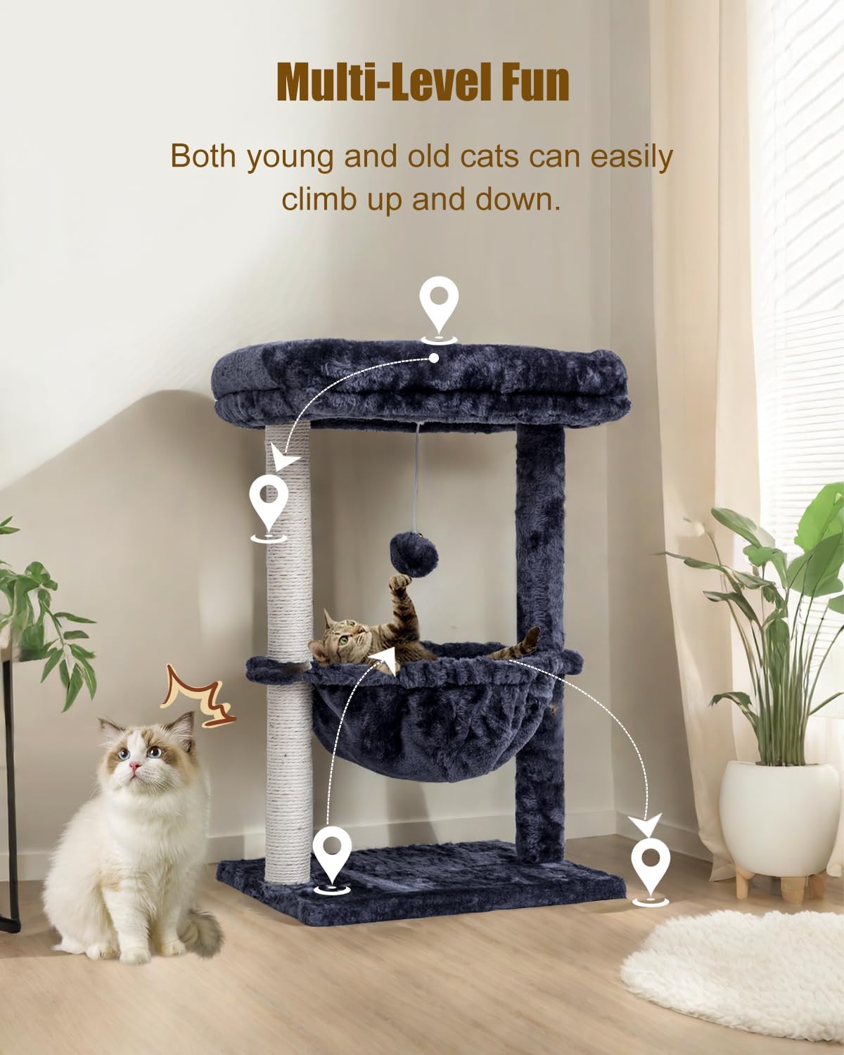 SYANDLVY Small Cat Tree for Indoor Cats - Smoky / Top Perch with Basket - image 2