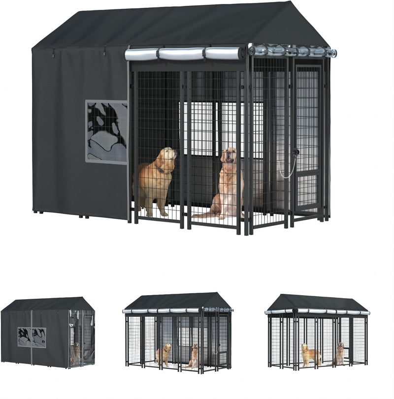 Outdoor Dog Kennel Cover, 8.1'Dx4.1'Wx6H, Full Coverage Black – Essentials for Dogs - Black / 8'D x 4'W x 6'H