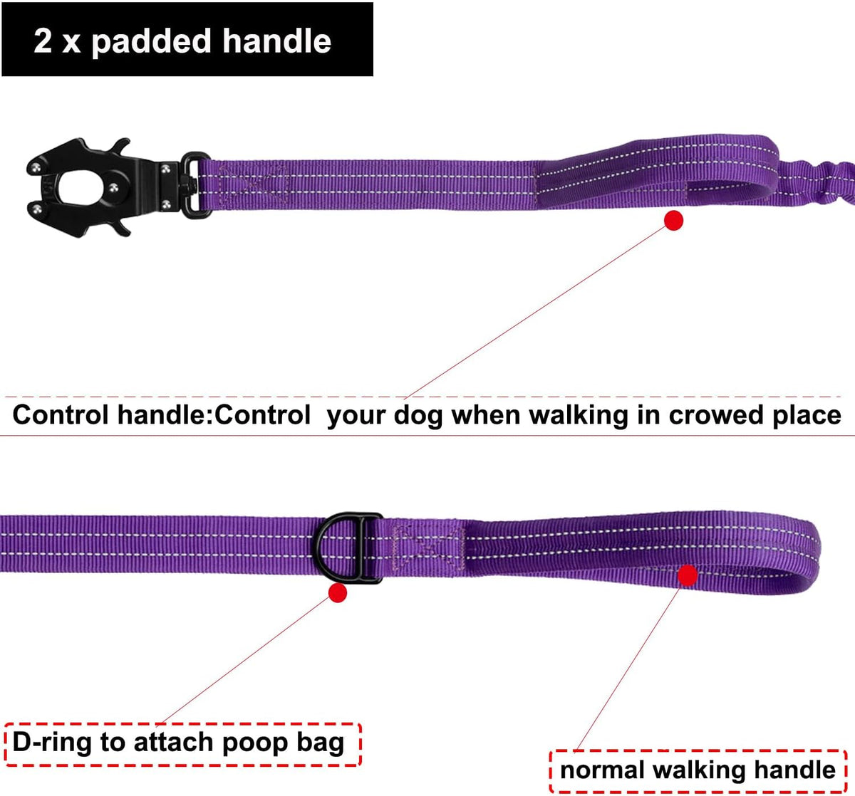 Tactical Dog Leash with Quick-Release Metal Clasp - 6 FT / Reflective Purple - image 4