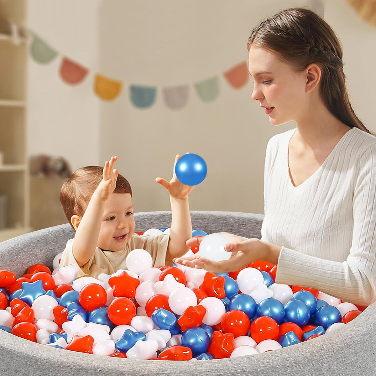 Star Ball Pit Balls for Toddlers, Ball Pool Play Tent - Pearl Blue+Red+White / 100 - image 4