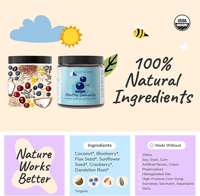 kin+kind Dog Supplement Powder - Supplement for Dogs & Cats for Healthy Immunity - Bladder Support - Natural Formula with Organic Cranberry, Blueberry and Coconut - Made in USA - 4 oz (Medium)