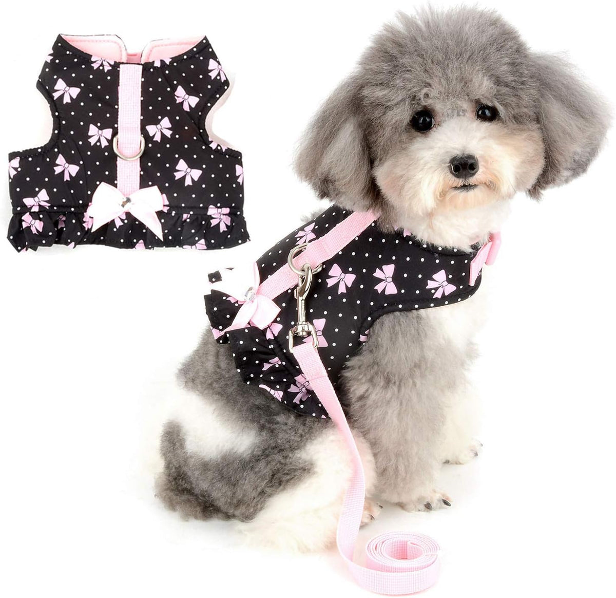 Zunea Polka Dot Small Dog Harness Dress and Leash Set Puppy Vest - S (Chest:14.5-15.7", Neck:9-9.8") / black bows