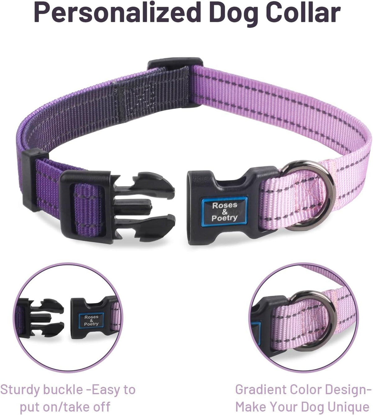 Roses&Poetry Reflective Dog Collar with Gradient Mistyrose - L / LightPurple - image 3