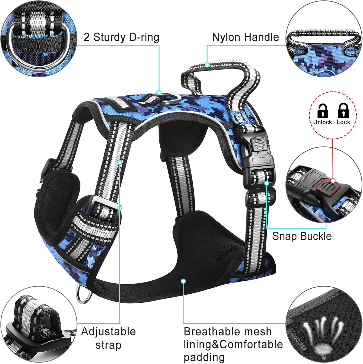 WINSEE Dog/Pet Harnesses No Pull with Dog Collar - X-Large / Blue Camo - image 3