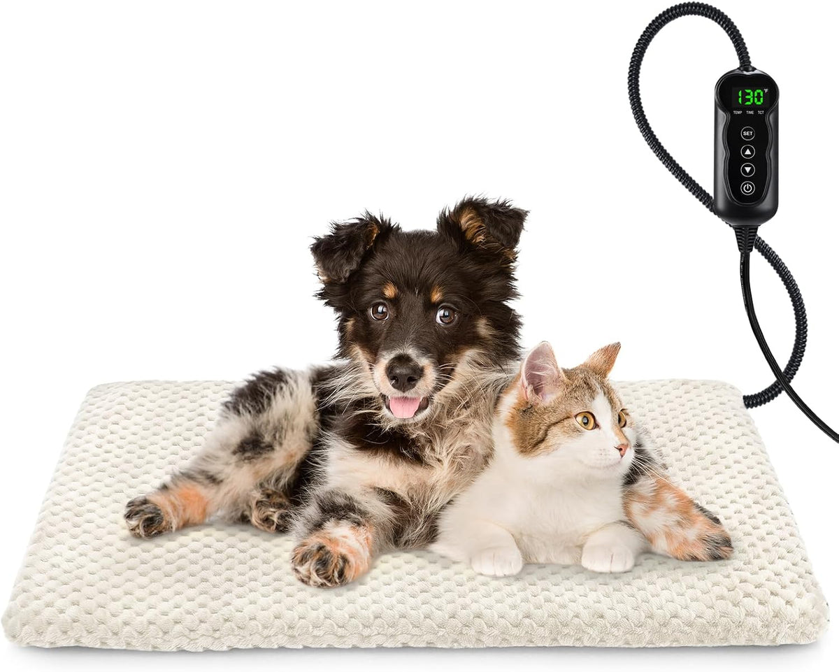 Heated Dog Bed, Waterproof Adjustable Temperature Dog Cat Heating Pad with Timer, Indoor Pet - M: 28" x 20" / Beige