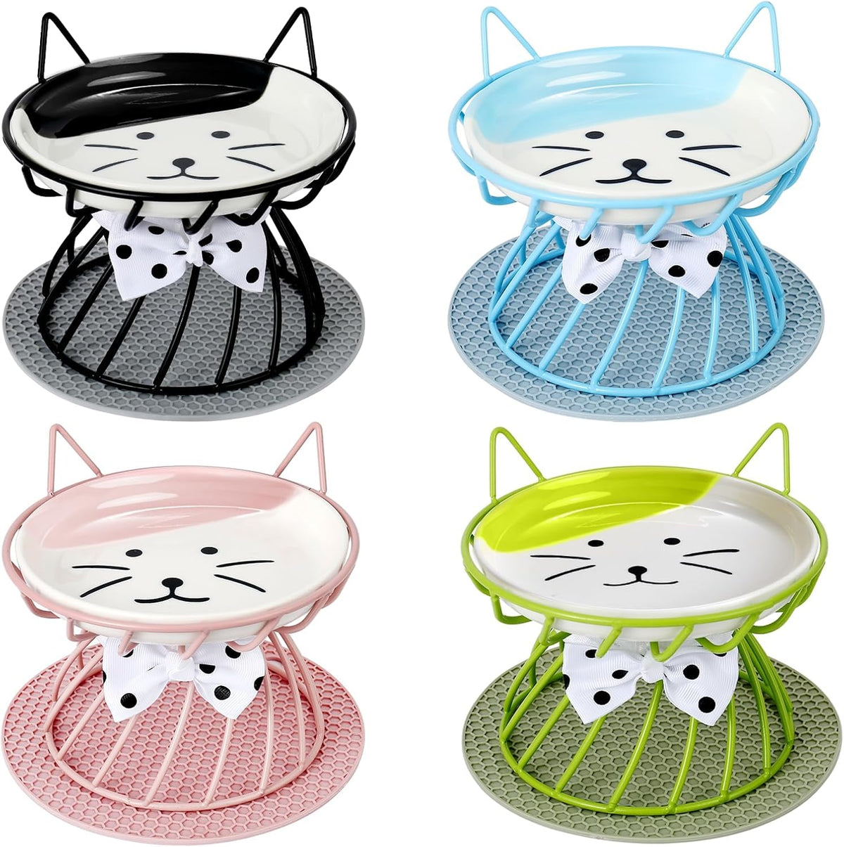 Set of 4 Elevated Ceramic Cat Bowls, Assorted Colors – Essentials for Cats - Black+Blue+Pink+Green