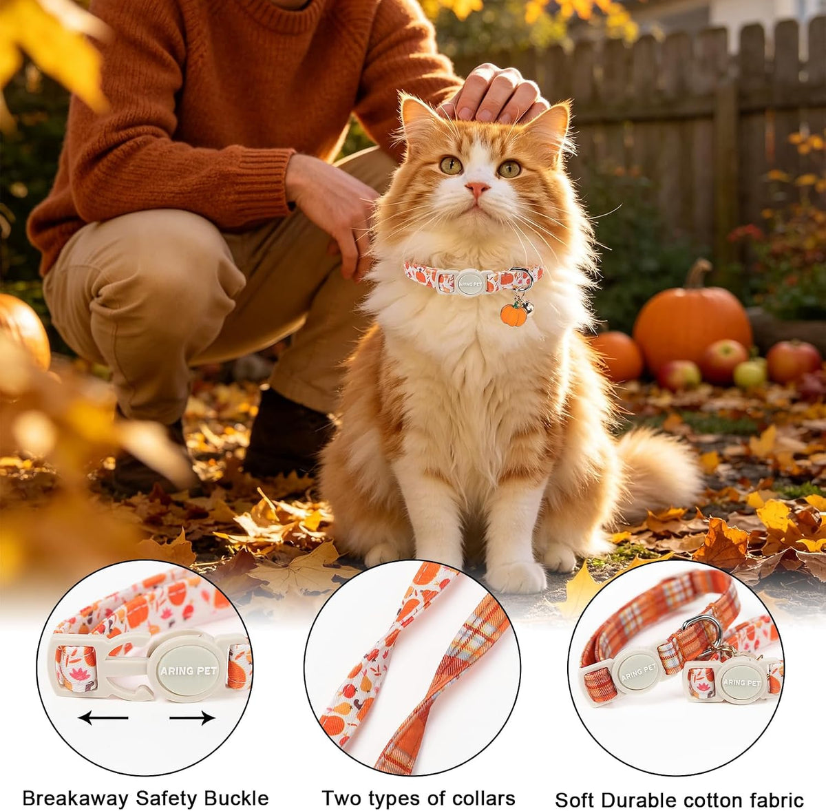 ARING PET 2 Pack Cat Collar-Cute Cotton Cat Collar Breakaway - Fall White & Orange - image 2