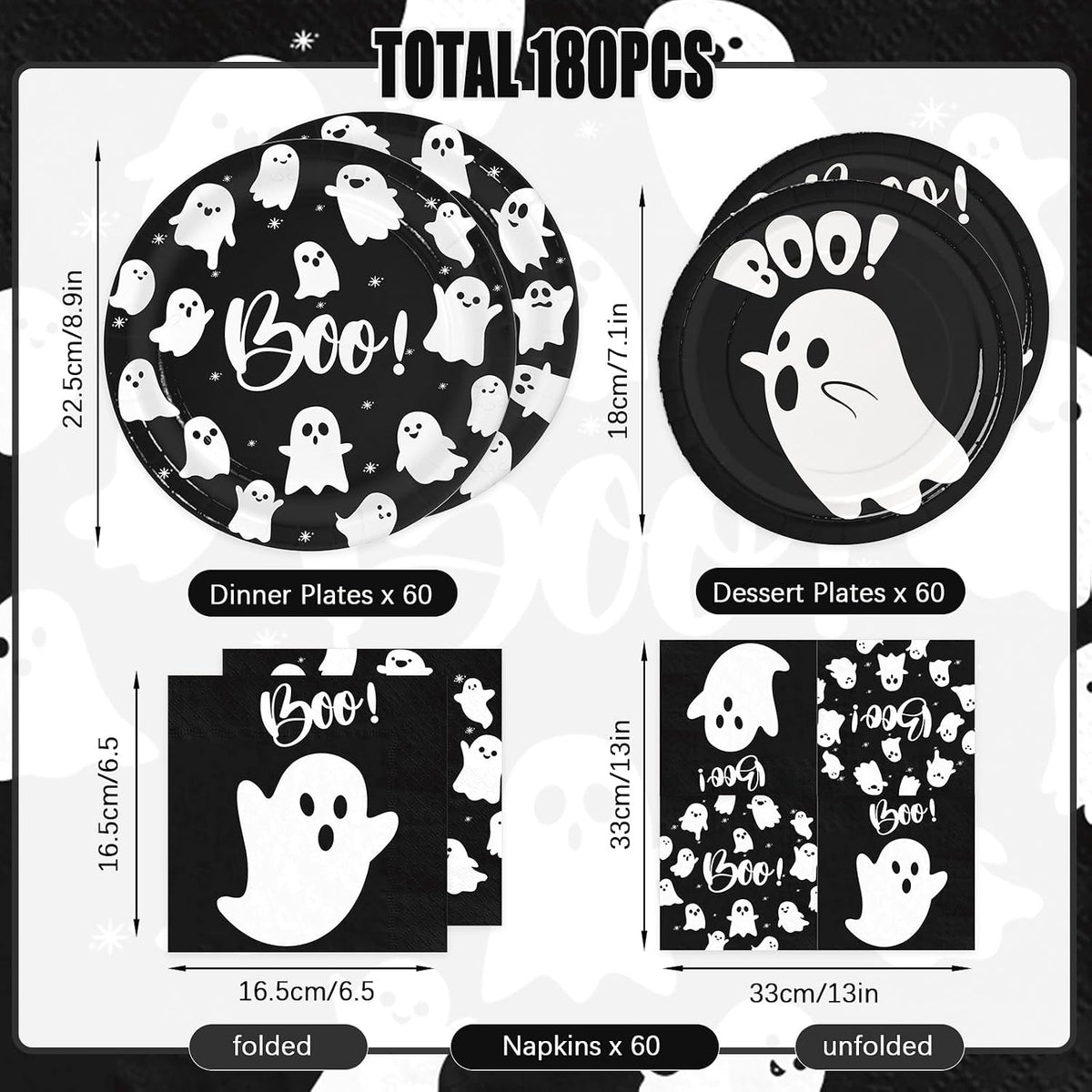 yunhuatdm 180 piece cute ghost Halloween plates and napkins set, black and white - view 38