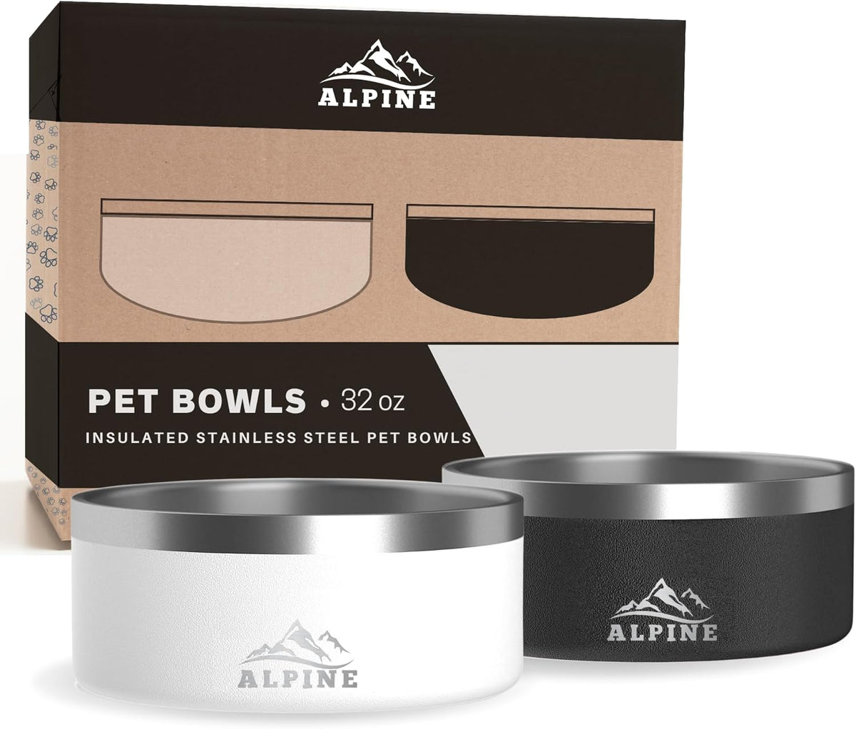 Alpine Set of 2 Stainless Steel Dog Bowls, Non Slip - 32 oz / Black/White