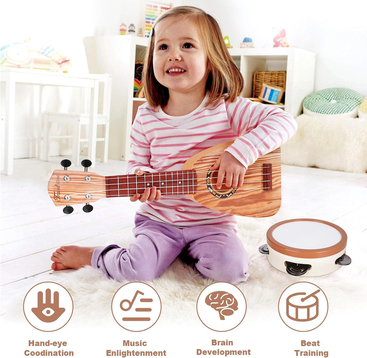 Vanplay kids guitar set with ukulele, maracas, tambourine, flute, castanets, triangle and hand bells - view 4