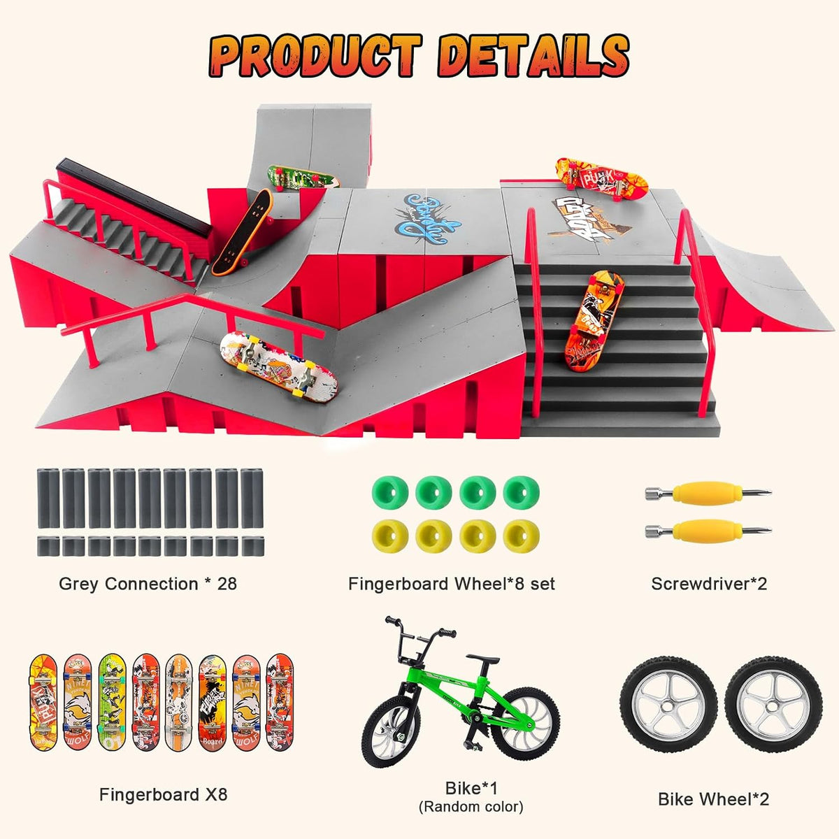 CS COSDDI 14in1 Finger Skateboard Park Set for Kids 8 Skateboards - Red - image 2