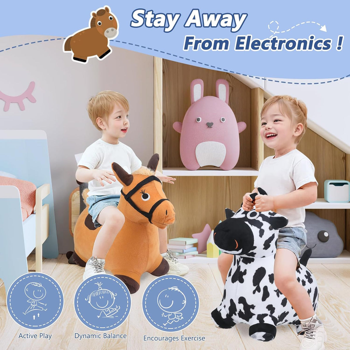 EKEPE inflatable bouncy hopper cow and horse with plush covers and hand pump - view 2