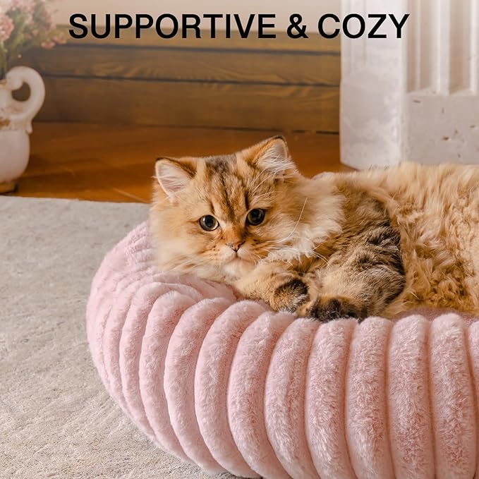 MEWOOFUN Donut Dog Beds for Small Dog, Calming Bed Round Cute Puppy Bed with Non-Slip Bottom, Fluffy Washable Pet Bed for Puppy and Kitten (Pink, S (25x25x7))