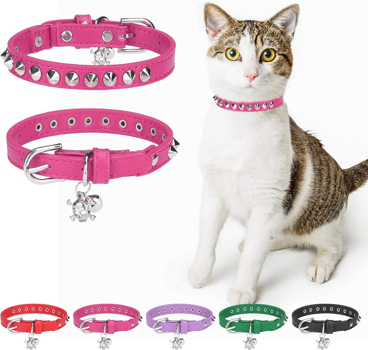 Leather Cat Collar, Breakaway Kitten Collars with Bell, Black – Essentials for Small Pets - Rose_Studded / 8"-12" Cats / Mini Dogs(Pack of 1)