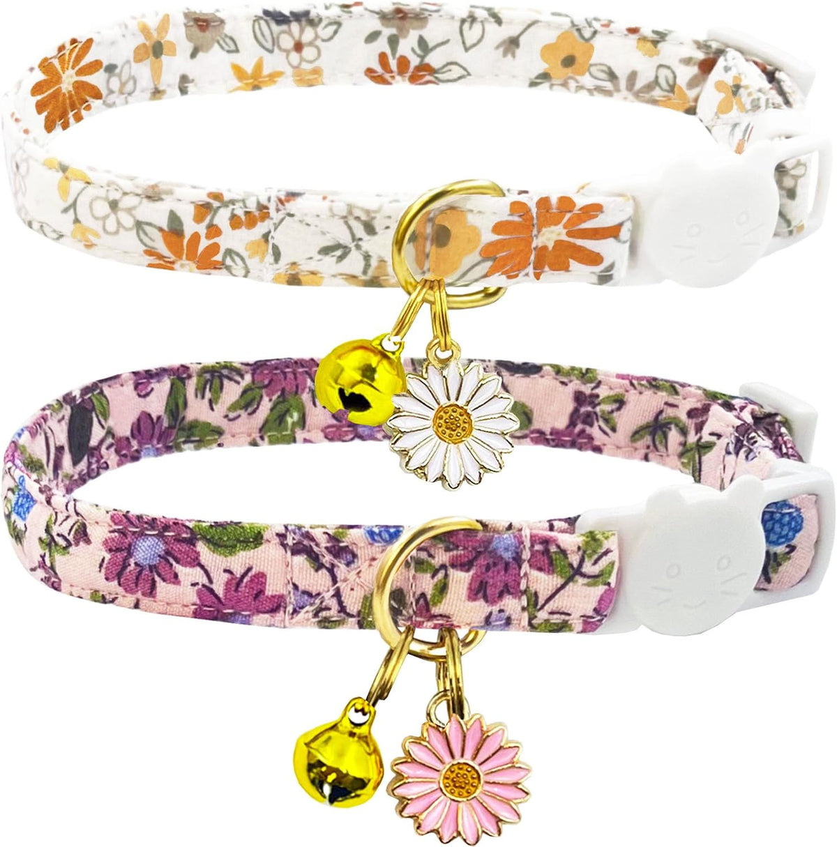 2 Pack Cotton Breakaway Cat Collars Set with Bell and Flower Pendant - beige+dark pink
