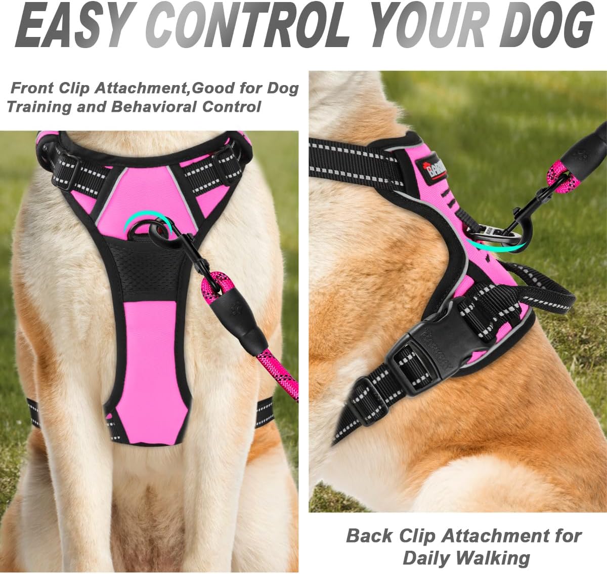 BARKBAY Dog Harness No Pull for Large Dogs Front Back Clips - Medium(Chest:22.5-28") / Pink - image 2