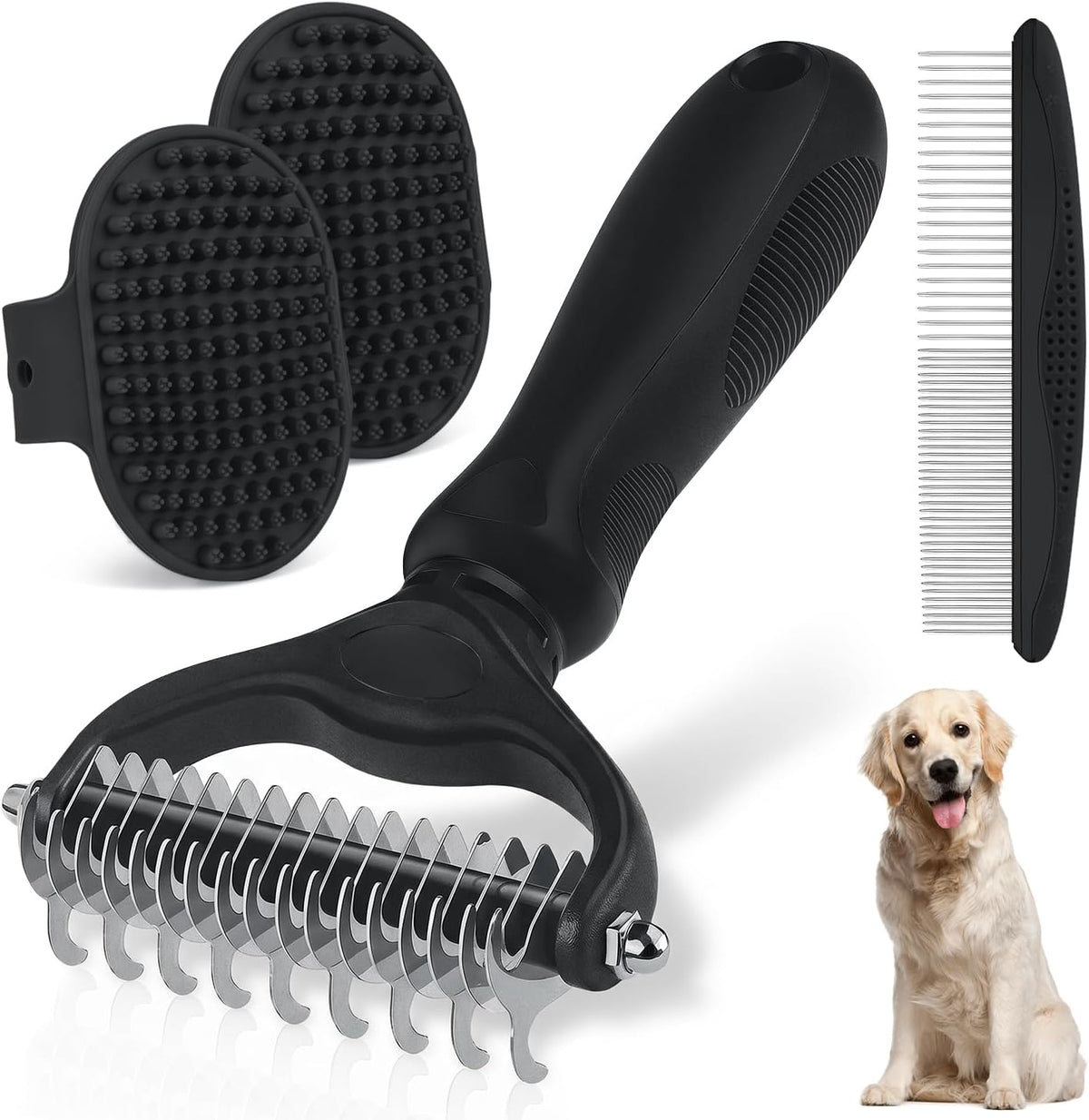 Dog Grooming Rake 4-in-1 Kit, Deshedding Undercoat Rake - Black