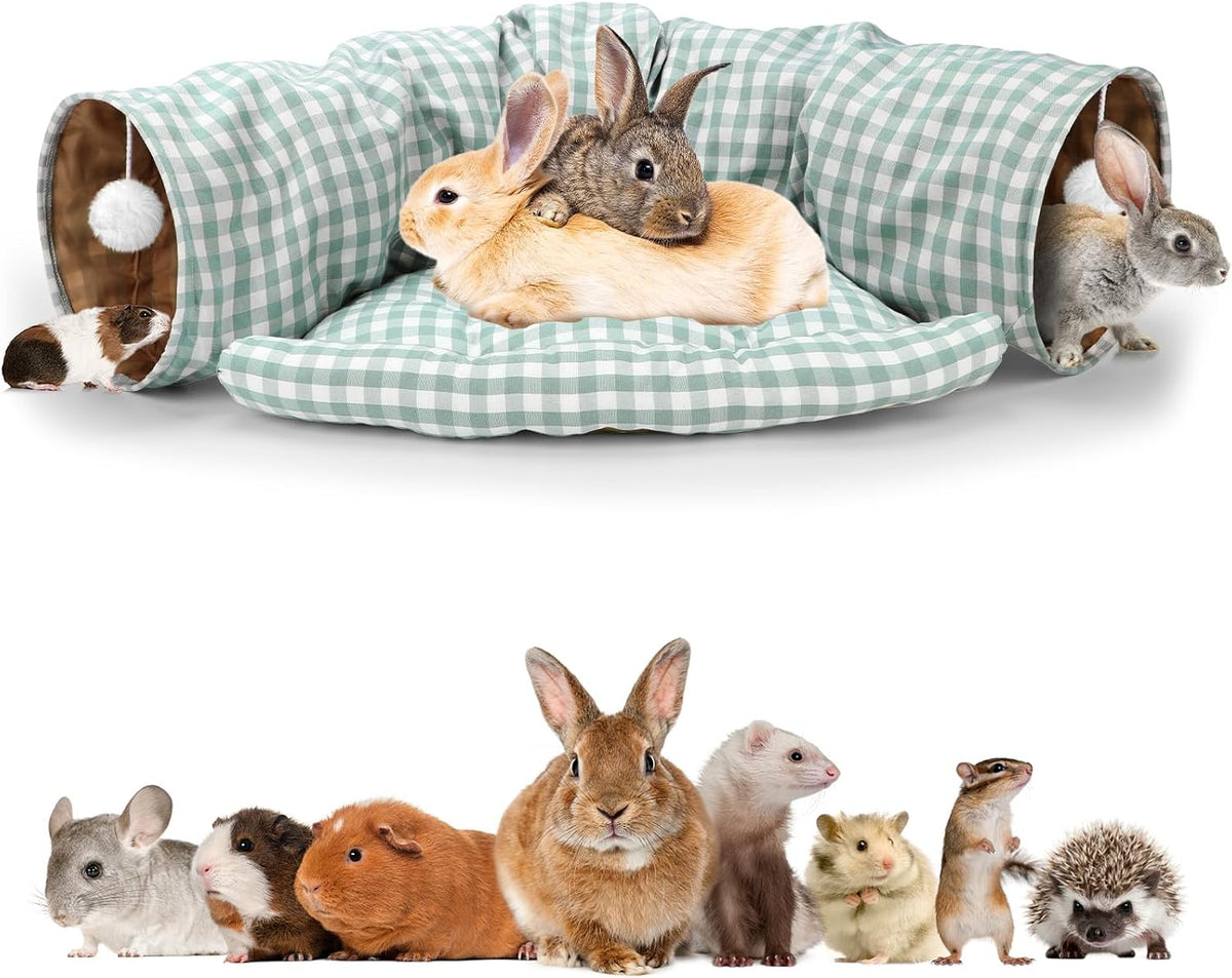 Bunny Tunnel Bed, 2-in-1 Collapsible Rabbit Tunnel Hideout with Mat – Essentials for Small Pets - GreenPlaid