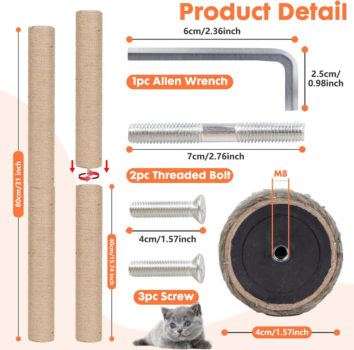 PowerKing Natural Sisal Replacement Scratching Post - 15.7''+15.7'' (2.67''Thick) / Beige - image 3