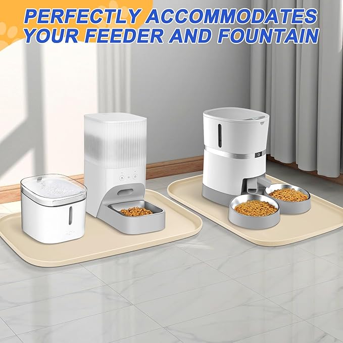Silicone Pet Feeding Mat with Raised Edge for Food and Water, Dog Bowl Mats, Cat Bowls Placemat with High Lip for Floor Waterproof, Rubber Tray for Cats and Dogs 22 x 14 x0.8 White Sand