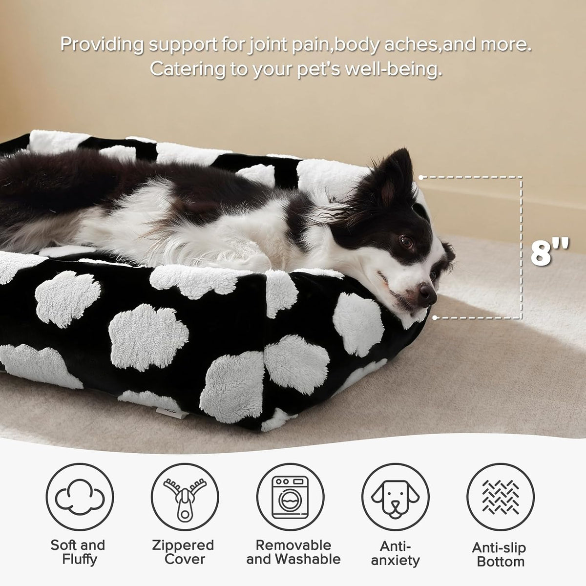 JOEJOY Cute Dog Bed Medium Size Dog - Cozy Clouds Black / M (30"x24"x8") - image 2
